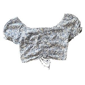 💙 Hollister Women's Blue White Floral Cinch Puff Sleeve Crop Top M Cottagecore
